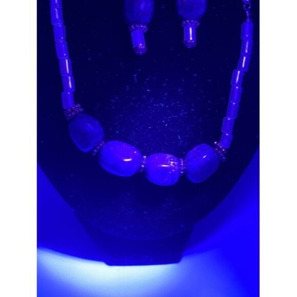 Lapis Lazuli 22" Necklace 2" Earrings Set Pearlescent Bead Clear Crystal Dangle - Picture 8 of 10